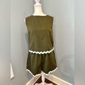 Olive Green Two-Piece Set with White Scallop Trim